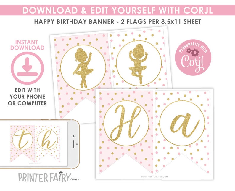 Ballerina Birthday Banner, EDITABLE, Ballet Birthday Party Decorations, Ballerina Printable Banner, INSTANT DOWNLOAD
