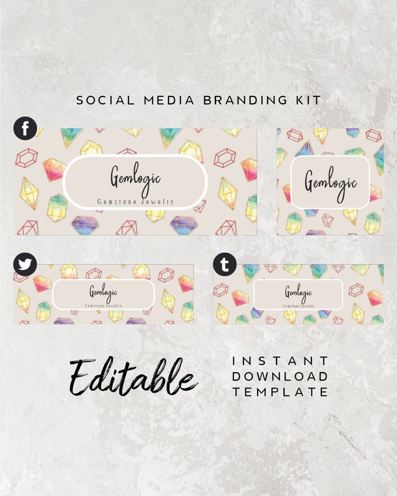 Crystal Social Media Templates – Gemstone Facebook Cover Template, DIY Facebook Banner, Twitter Banner Design, Premade Social Media Banner