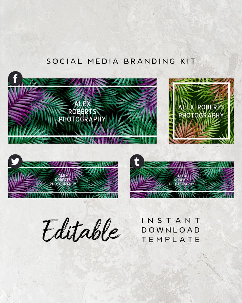 Floral Social Media Logo and Banner Set – Facebook Banner Template, Green Leaf Branding Template, Floral Twitter Header, Instant Download