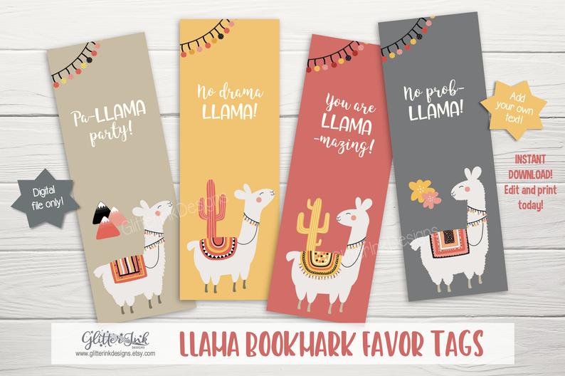 Llama party bookmark thank you card / favor tag – edit & download with Corjl – tribal design earthy colors