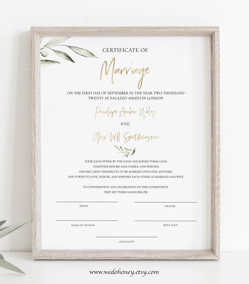 Certificate of Marriage, Gold and Greenery, Wedding Keepsake, Editable Text with Corjl #201