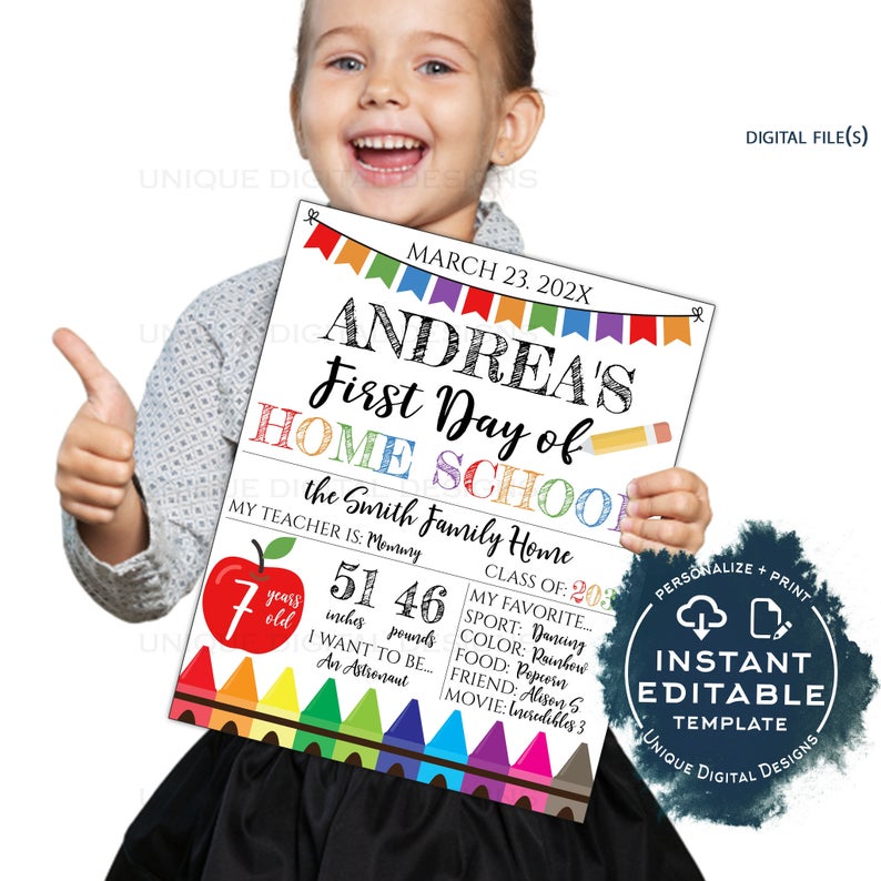 Editable First Day of Home School Sign, 1st Day of Homeschool Poster, Personalized Back to School Photo Prop Chalkboard INSTANT ACCESS UTCR