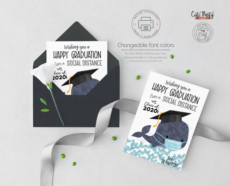 INSTANT DOWNLOAD Happy Graduation Card, Social Distancing Card Printable, Quarantine Graduation Card, Class of 2020 Whale digital download