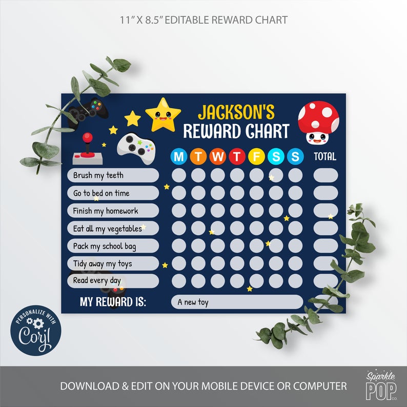 Editable Video Games Reward Chart, Gamer Routine Chart, Console Controller, INSTANT DOWNLOAD 0004