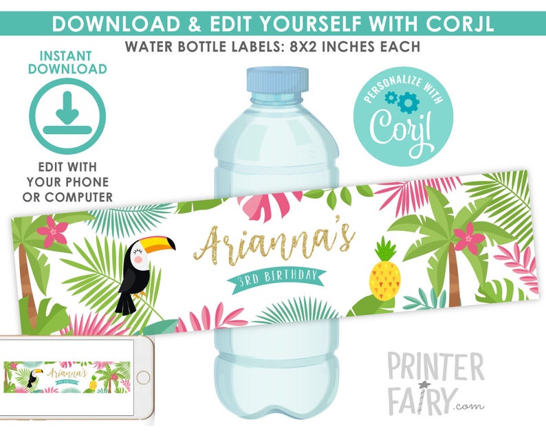 Luau Water Bottle Labels, EDITABLE, Hawaiian Party, Pool Party, Luau Birthday Party Decorations, Tropical Labels, INSTANT DOWNLOAD