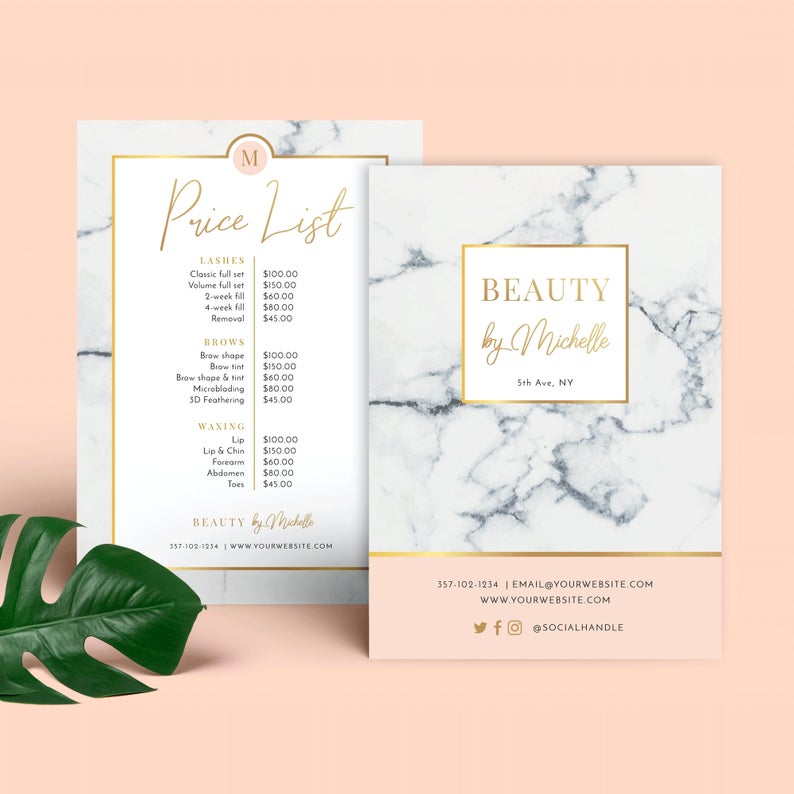 Marble & Gold Price List Template, Menu, Printable Price List, Beauty Salon Price List Templates, Editable Business Price Guide Corjl