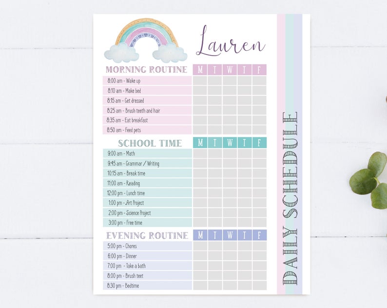Editable Home School Daily Planner, Kids Daily Task List Chart, Weekly Planner, Rainbow Routine Schedule, Daily Homeschool Planner, Corjl