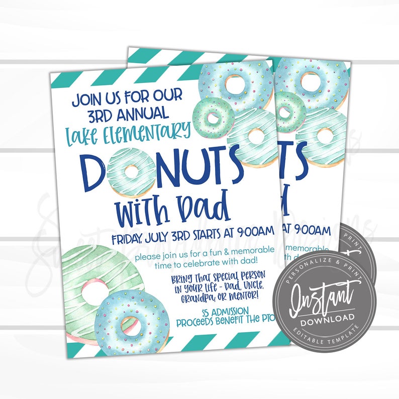Donuts with Dad Invitation, School Flyer, Father’s Day, PTO fundraiser, Editable template, Sweet Providence, Instant Access