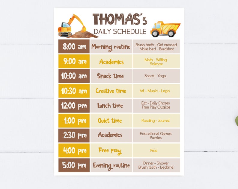 Editable Home School Daily Planner, Editable Daily Routine Schedule, Truck Routine Schedule Chart, Boy Daily Homeschool Planner, Corjl