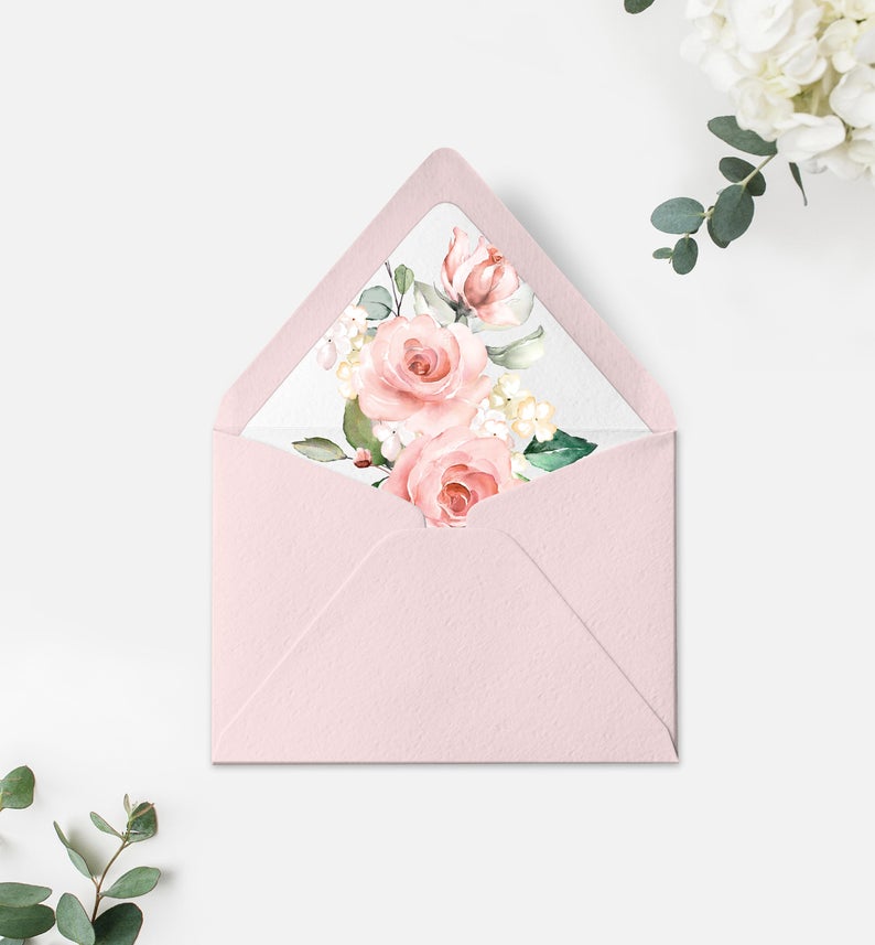 Blush Floral Envelope Liner Template – Round and Square Flap Envelope Liners – Printable Envelope Liner – DIY Invitations – Darcy Floral