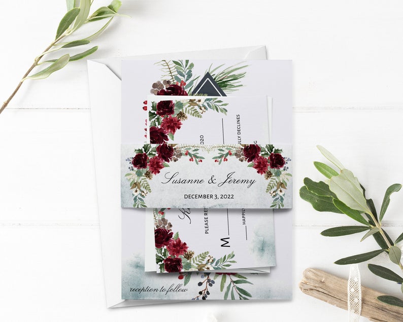 Winter Burgundy Roses Belly Band, Wedding Belly Band, Editable Printable File, Instant Download, WI265