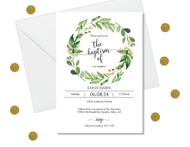 DIY Editable Invitation Template – Greenery Baptism Invitation Template, Printable Baptism Invite, 100% Editable, Instant Download