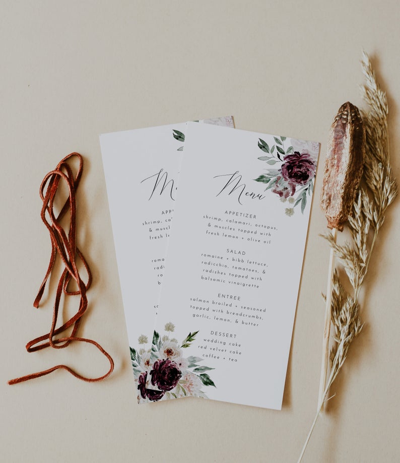 Scarlett | Wedding Menu Template, Floral Wedding Menu Editable, Editable Floral Wedding Menu, Menu Template, Floral Menu Template, DIY Menu