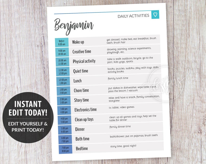 Editable Daily Planner, Chore Chart Blue Boys Teens, Kids Responsibility Reward Chart Printable Template, Personalized Instant DIY Corjl