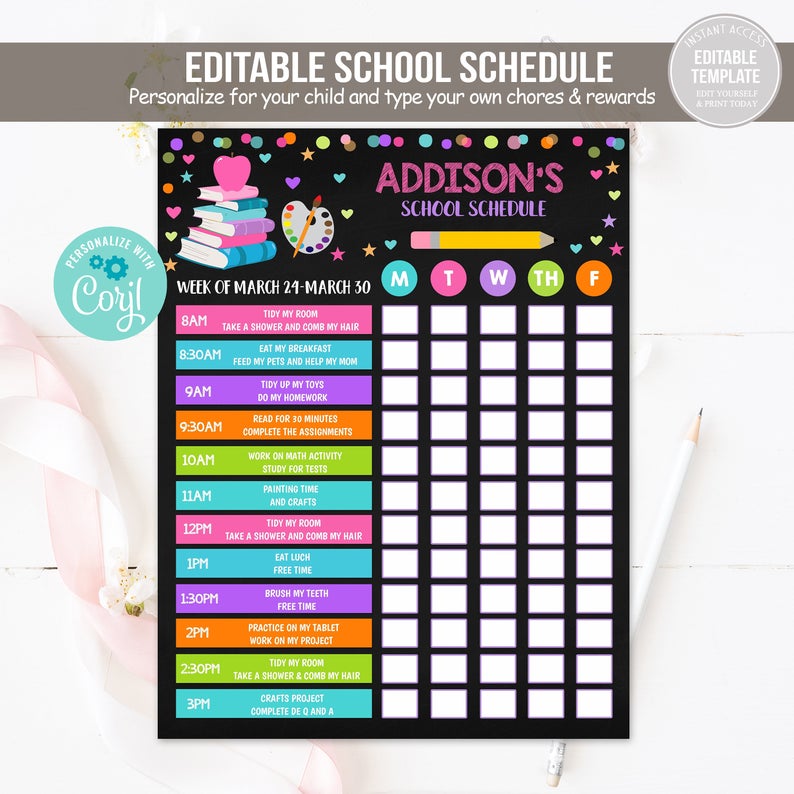 Editable Home School Schedule Homeschool Schedule Daily Routine Homework Chart Template Planner Daily Subject Checklist Student Schedule