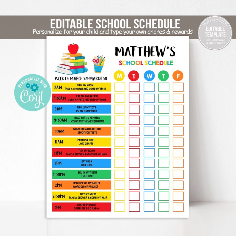 Editable Home School Schedule Homeschool Schedule Daily Routine Homework Chart Template Planner Daily Subject Checklist Student Schedule