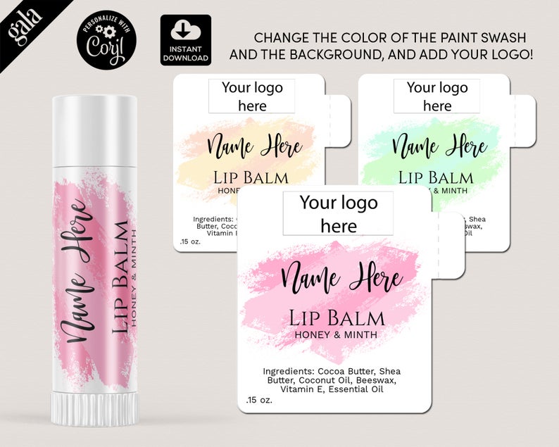 Lip Balm Labels Template, DIY Product Label, Editable lip balm Label Templates, lip gloss Label Design, Editable Label, WATERCOLOR 011