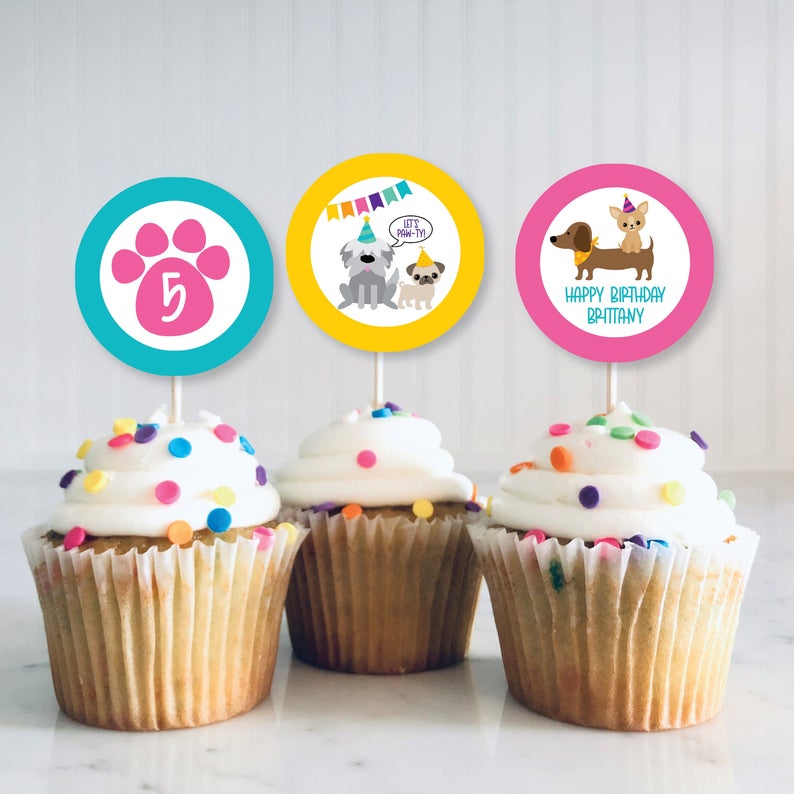 Puppy Party Cupcake Toppers, Editable, Printable, Puppy Party, Dog Party Supplies, Personalize with Corjl, Puppy Supplies, Girl Birthday