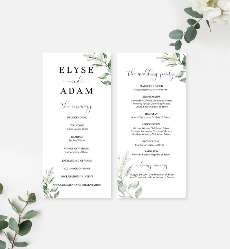 Printable Greenery Wedding Program Template – Wedding Service Program – Order of Ceremony – DIY Wedding Stationery – Muted Greenery