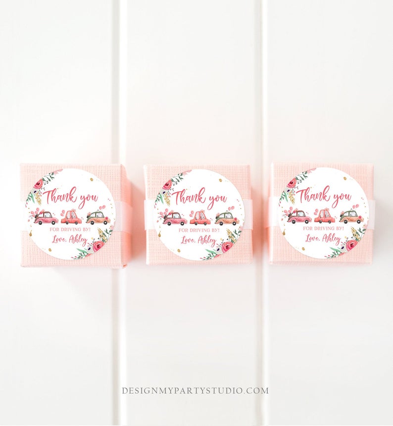 Editable Drive By Favor Tag Thank You Driving By Baby Shower Birthday Parade Gift Tags Quarantine Pink Floral Car Girl Corjl Template 0335