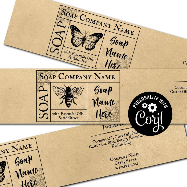 Butterfly & Honey Bee Apothecary Soap Label on Kraft Paper Packaging Cigar Band. Customizable Personalize w/ Corjl Online. Download Print