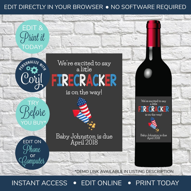 EDITABLE Little Firecracker Pregnancy Announcement, Baby Wine Label, 4th of July, Wine Bottle Lables, Wine Label Pregnancy Announcement