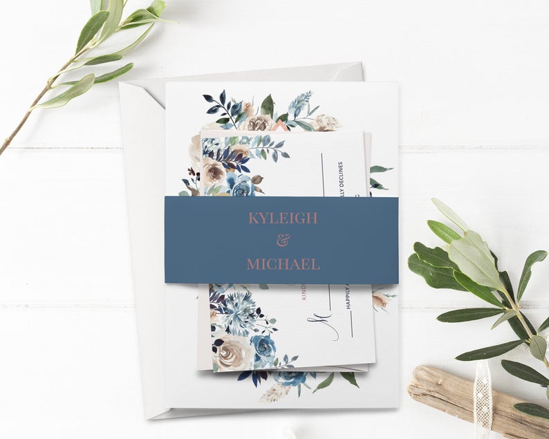 Romantic Blue Roses Belly Band, Wedding Belly Band, Editable Printable File, Instant Download, WI205