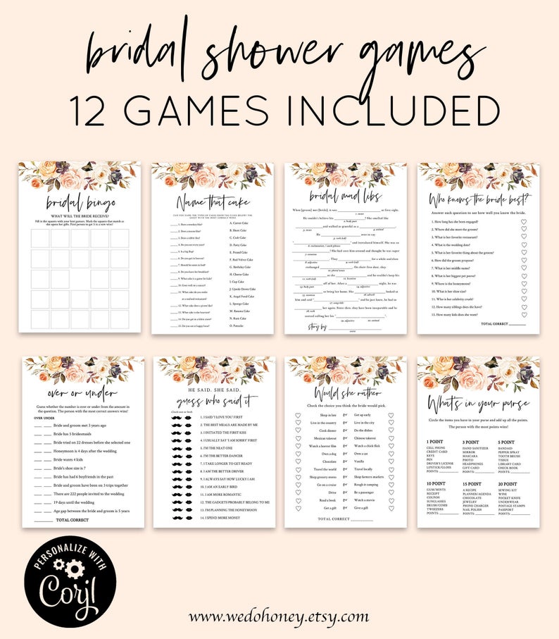 Autumn Fall Bridal Shower Games Bundle, Personalize Name and Questions, Shower Activities, Editable Games with Corjl