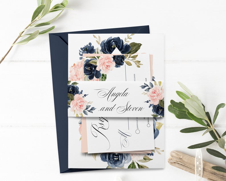 Navy Blush Floral Belly Band, Wedding Belly Band, Editable Printable File, Instant Download, WI211