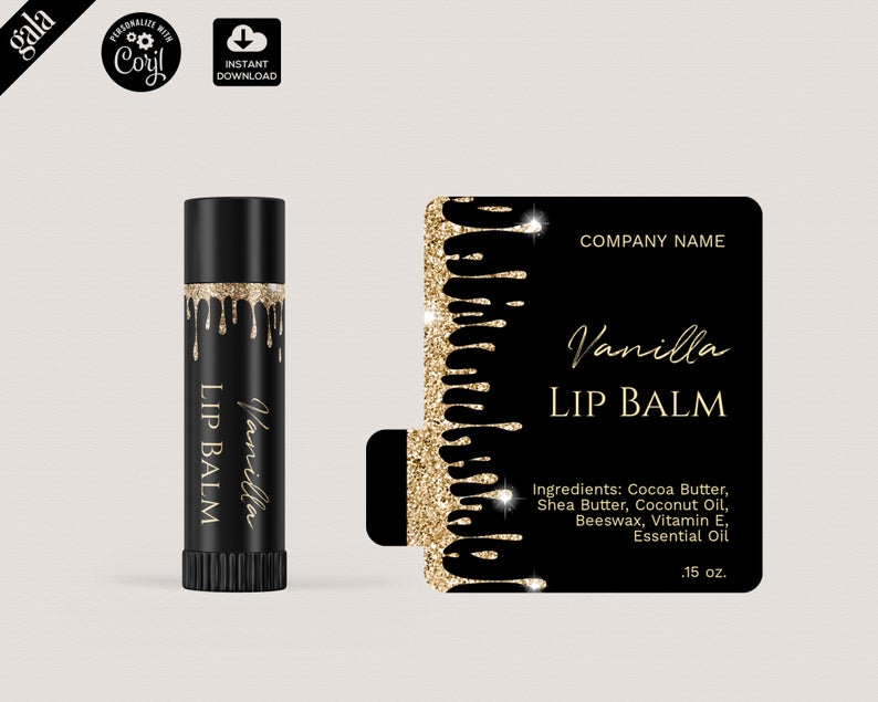 Lip Balm Label Template, DIY Product Label, Editable lip balm Label, Chapstick , Printable Label Design, Editable Label, GOLD dripps 002