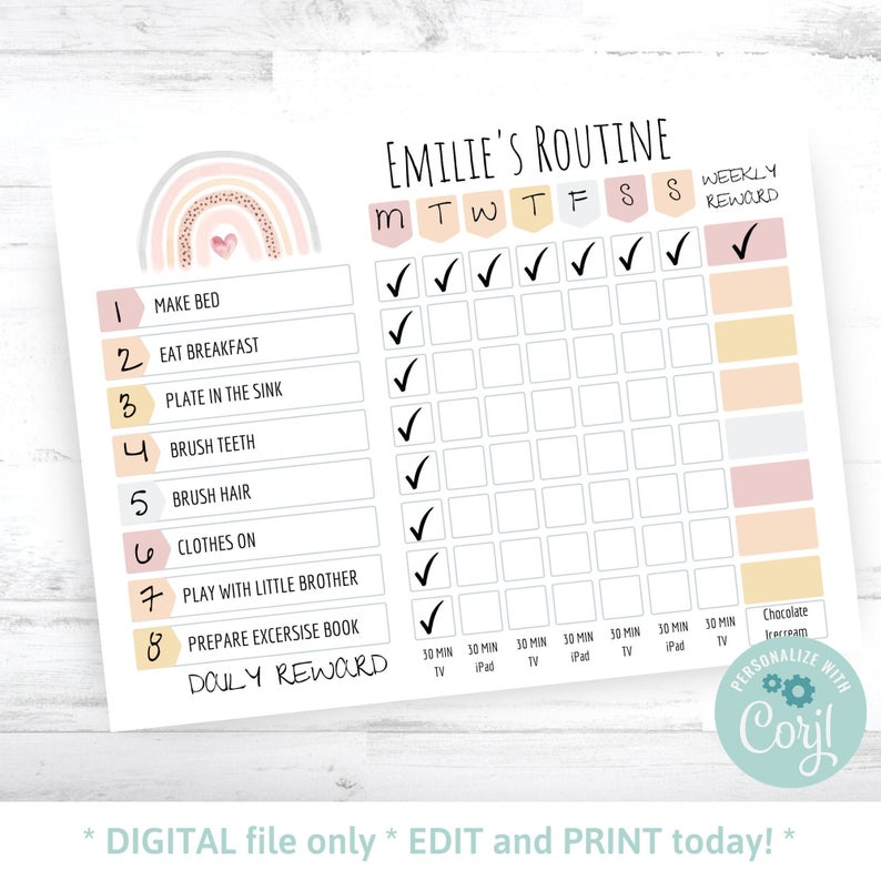 Girls Routine Chore Chart Printable, Homework Organizer, Home School Routine, Routine, Behavior chart, Editable, Kids Chore Chart, Corjl R31