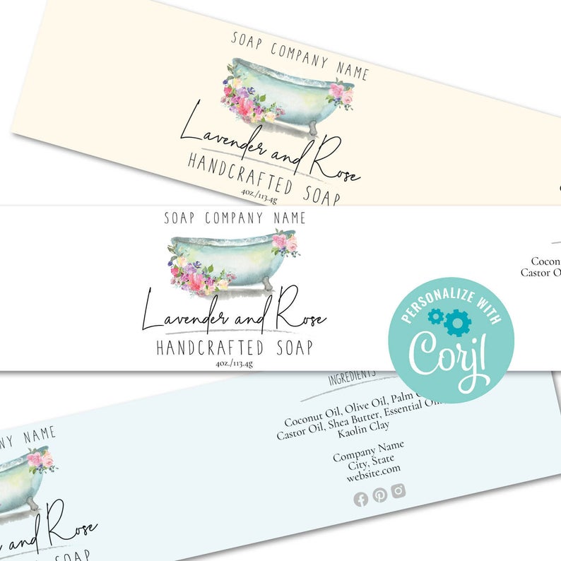 Soap Labels – Floral Bathtub. Editable Soap Template. Printable Custom Wrap Around Label. Personalize w/ Corjl Online, Download/Print