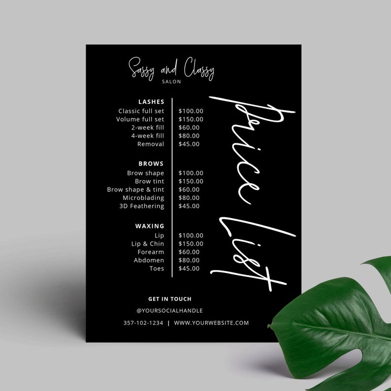 Business Price List | Editable Menu Template | Printable Price Sheet | Salon Price List | Beauty Price List Template | DIY Price Guide Corjl