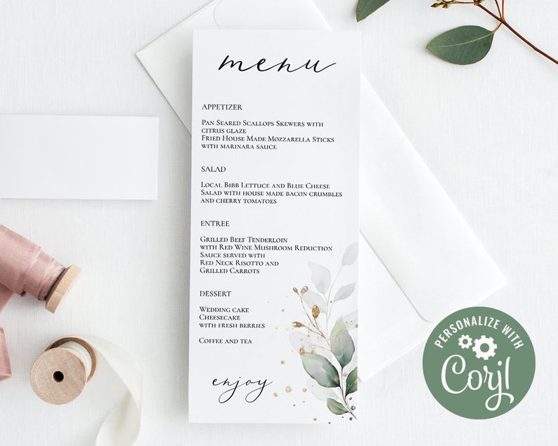Wedding Menu Template Greenery, Instant Download Editable Menu, Bohemian Wedding Menu, Corjl template, Dinner Menu Download – GGW3