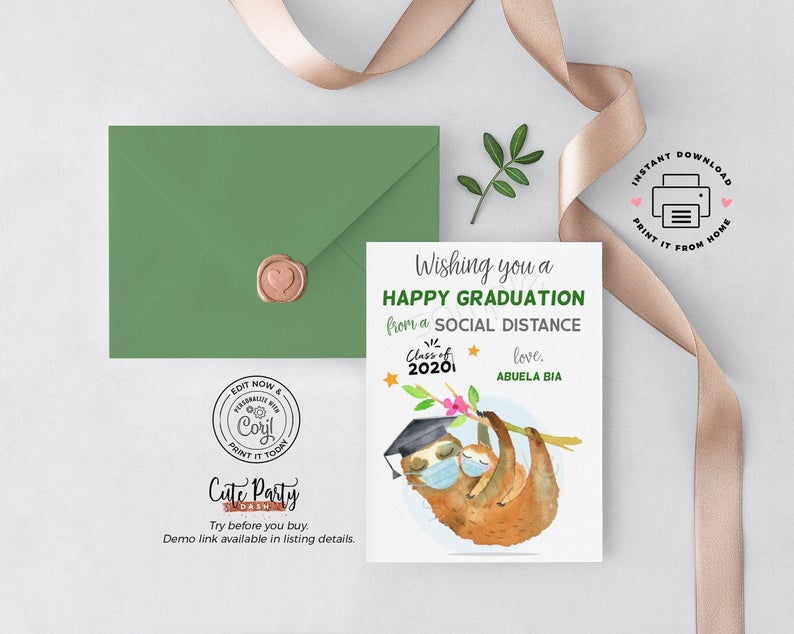 INSTANT DOWNLOAD Social Distancing Card Printable, Sloth Happy Graduation Card, Funny Quarantine graduation, Class of 2020 digital download
