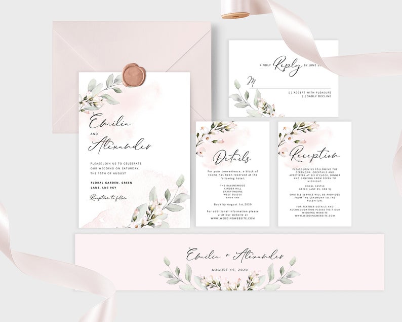 Blush Pink Flowers Wedding Suite. Modern wedding invitation template. Floral wedding printable. RSVP card, Details and belly band. #br4
