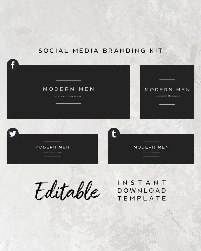 Black Social Media Set – Black Minimalist Branding Kit, Black Facebook Banner, Minimalist Facebook Cover, Fashion Social Media Banner Set