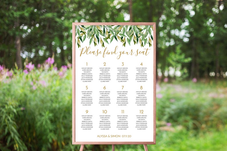 Geometric Gold Eucalyptus Watercolor Wedding Seating Chart, Wedding Table Sign Printable Seating Chart Template, Corjl Template Instant #EU4