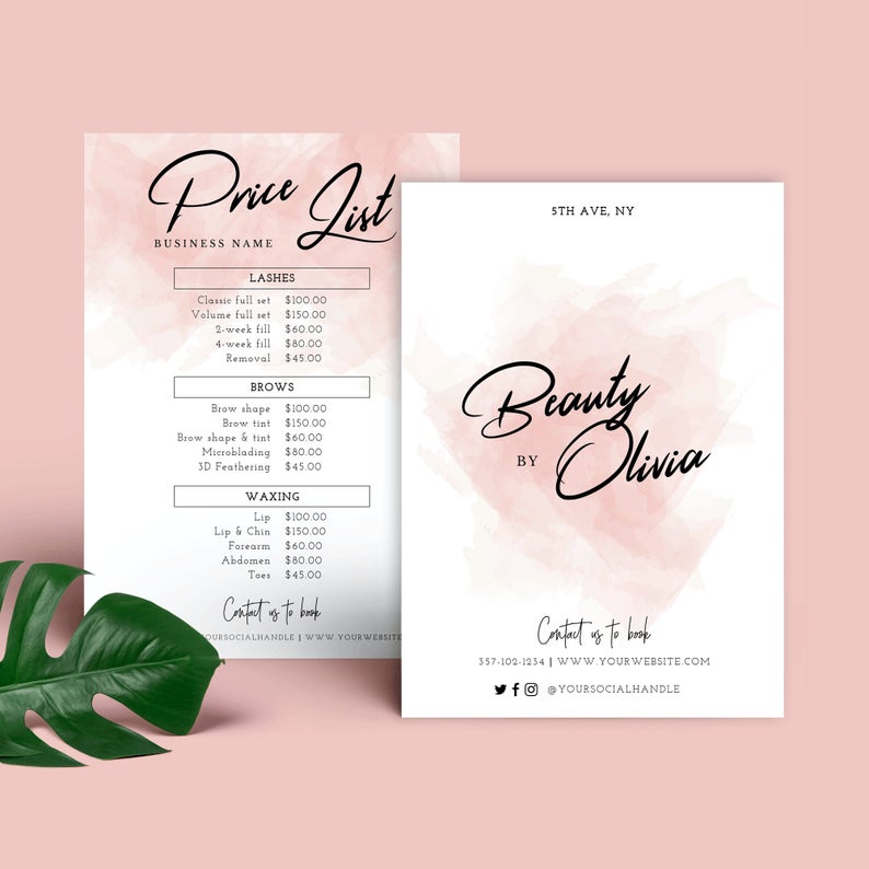 Pink Watercolor Editable Price List | Printable Menu Template | Salon Price List Design | Beauty Price List Template | DIY Price Sheet Corjl