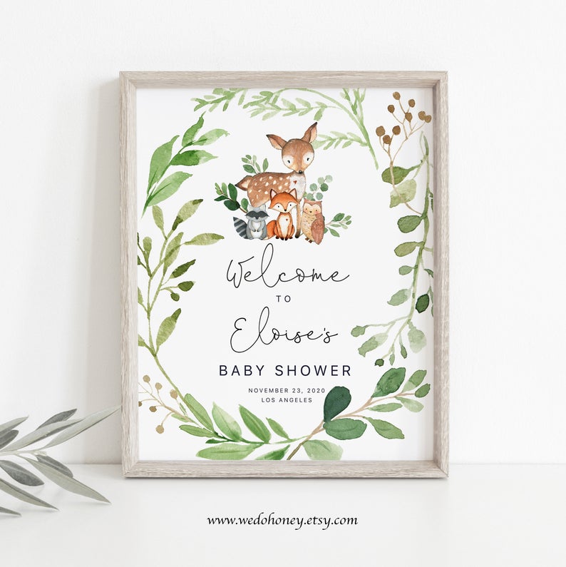 Woodland Baby Shower Welcome Sign. Animals Baby Shower Printable Decor. Gender Neutral Greenery, Edit with Corjl #016