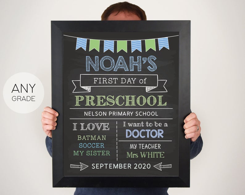 Editable First/Last Day of School Sign, Printable Blue Green Back to School Sign, Chalkboard Sign, First Day of School, Editable sign, Corjl