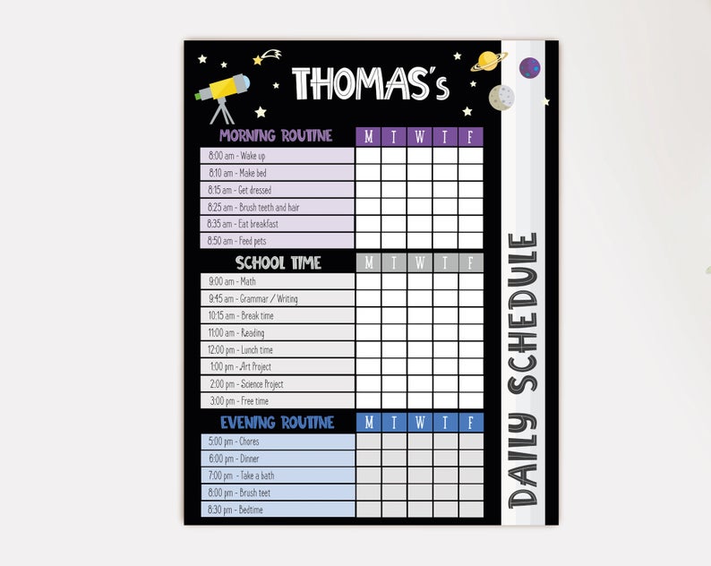 Editable Home School Daily Planner, Kids Daily Task List Chart, Weekly Planner, Space Routine Schedule, Daily Homeschool Planner, Corjl