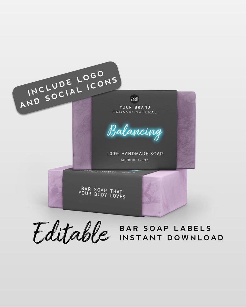 Printable Soap Label – Neon Light, Black Product Label, Soap Label Template, Bar Soap Packaging Label, DIY Soap Label Editable Template