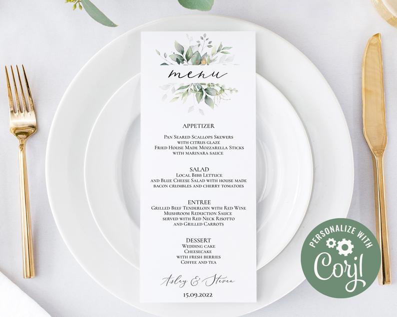 Wedding Menu Template Greenery, Instant Download Editable Menu, Bohemian Wedding Menu, Corjl template, Dinner Menu Download – GGW3
