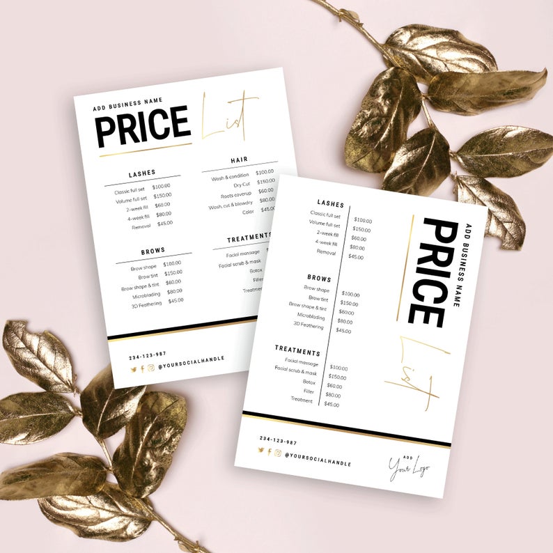 Faux Gold Price List Template, Salon Editable Price List, Posh Price List Design, Printable Beauty Price GuideTemplate, DIY Price Menu CORJL