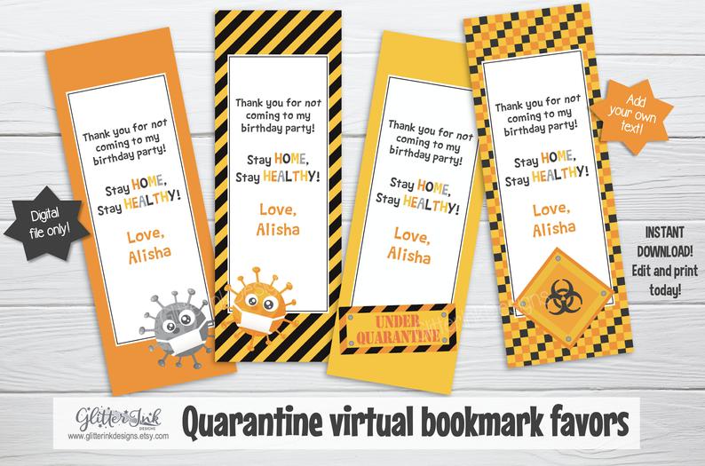 Quarantine lockdown birthday party bookmark favor tags – virtual thank you cards – drive by party parade favors – instant edit and download