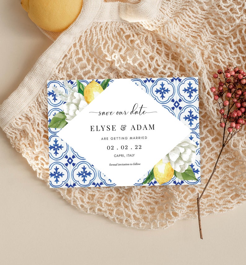Mediterranean Blue Tile Save The Date Printable Invitation – Lemons – Wedding Date Saver – Editable Download – DIY Wedding – The Med