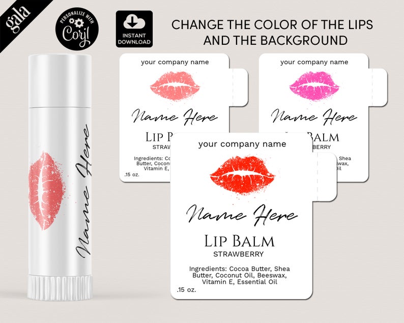 Lip Balm Labels Template, DIY Product Label, Editable lip balm Lips Label Templates, change lips color, Editable Label, 012