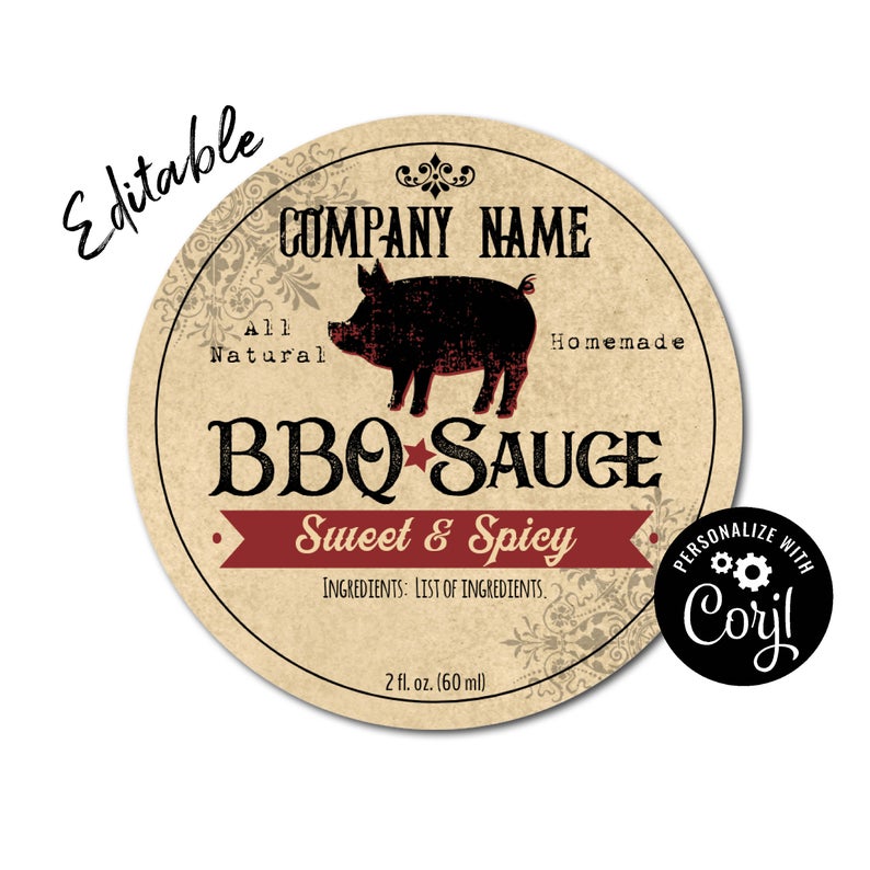 BBQ Sauce Label with Pig. Circle Template. Round Sticker Labels for Jars, Bottles, Homemade Sauce. Personalize Online then Download & Print.