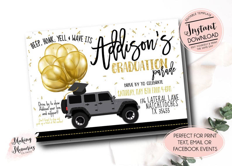 Drive By Graduation Parade Invitation, Senior Drive by Graduation party, Social Distance party, virtual senior, editable template, instant